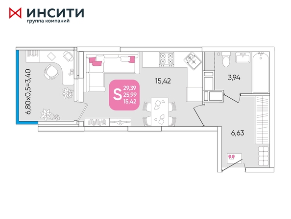 Планировка 1-комн 29,39 м²