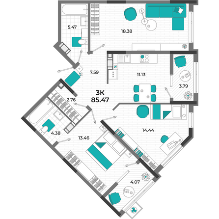 Планировка 3-комн 85,47 м²