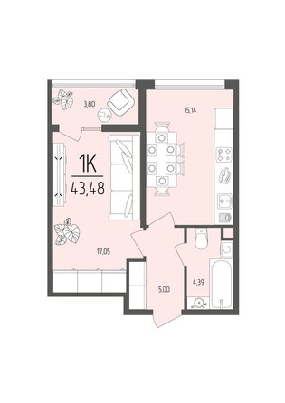 Планировка 1-комн 43,48 м²