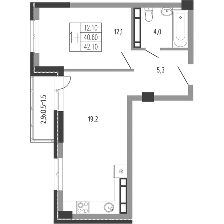 Планировка 1-комн 42,1, 43,2 м²