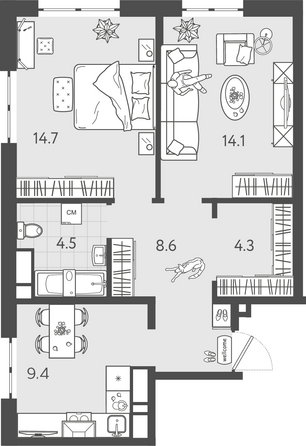 Планировка 2-комн 55,6 м²