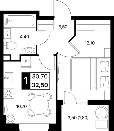 Планировка 1-комн 32,5 м²
