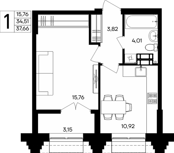 Планировка 1-комн 37,66, 37,67 м²