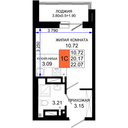 Планировка Студия 22,07 м²