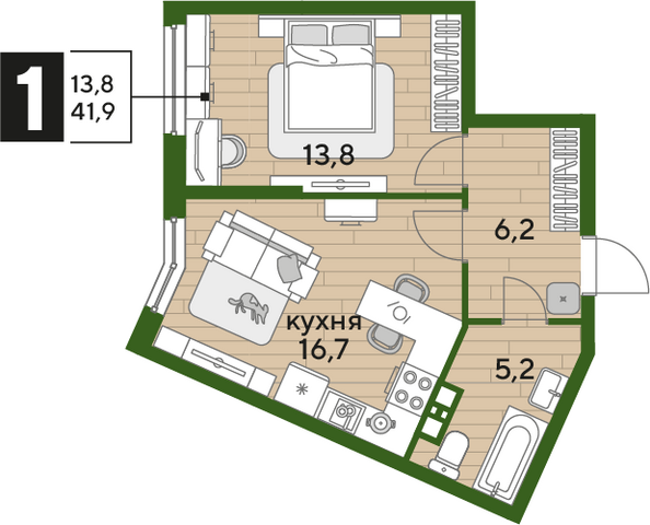 Планировка 1-комн 41,9 м²