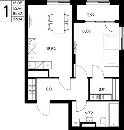 Планировка 1-комн 56,41 м²