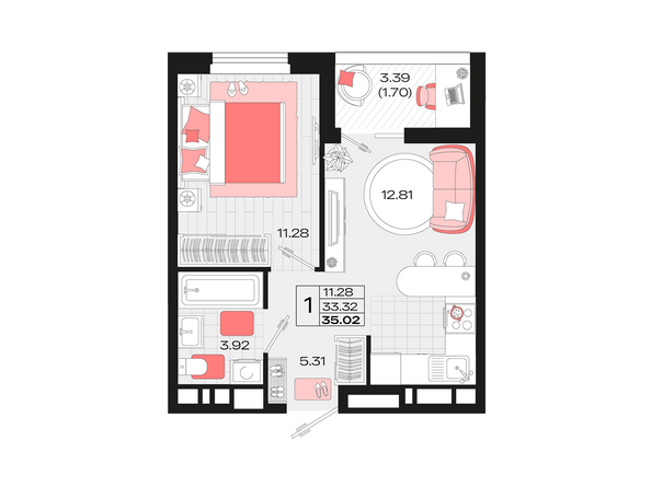 Планировка 1-комн 35,02 м²