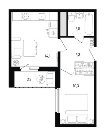 Планировка 1-комн 34,9 м²