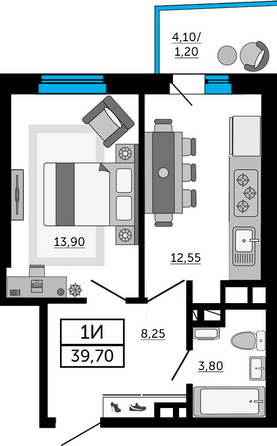 Планировка 1-комн 39,45, 39,7 м²