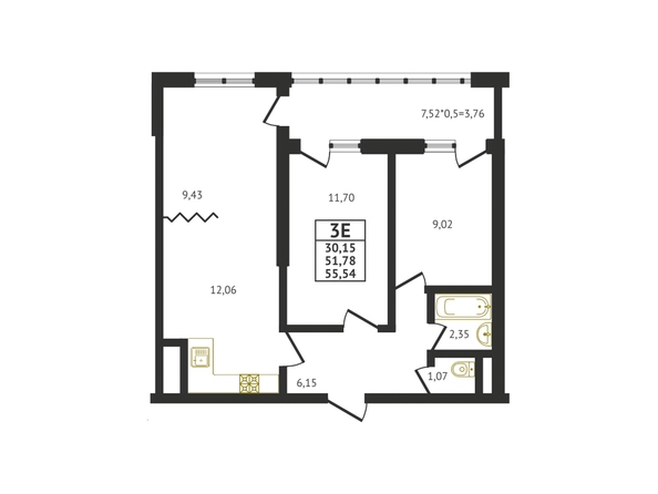 Планировка 2-комн 55,54 м²