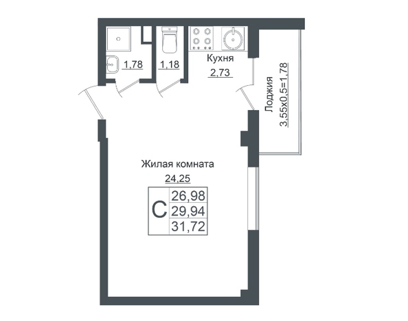 Планировка Студия 31,72, 32,05 м²