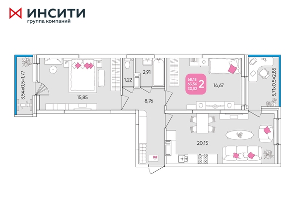 Планировка 2-комн 68,14, 68,18 м²