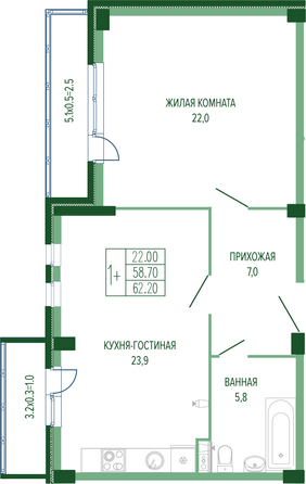 Планировка 1-комн 62,2 м²