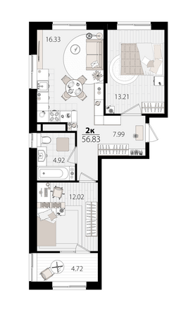 Планировка 2-комн 56,5 м²