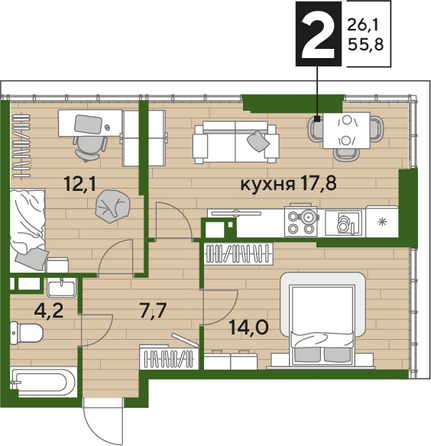 Планировка 2-комн 55,8 м²