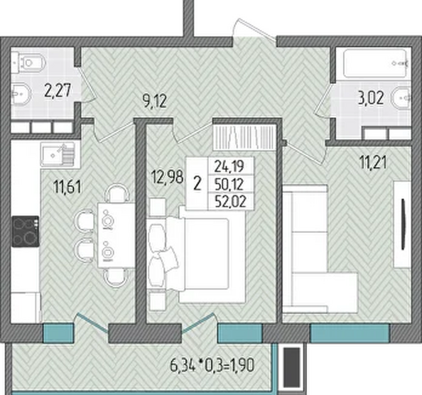 Планировка 2-комн 52,02 м²