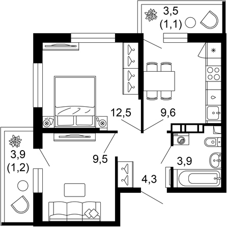 Планировка 2-комн 42,1 м²