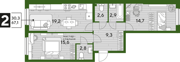 Планировка 2-комн 67,1 м²