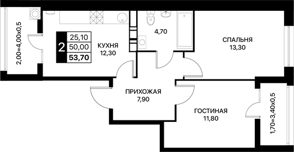 Планировка 2-комн 53,7 м²