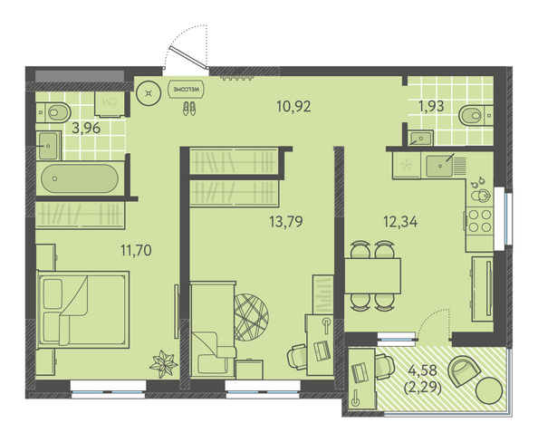 Планировка 2-комн 56,1 - 58,1 м²