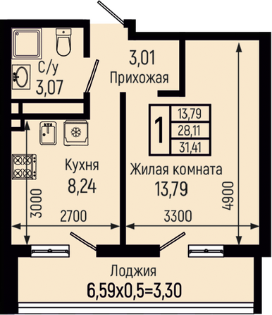 Планировка 1-комн 31,41 м²