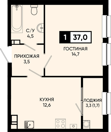 Планировка 1-комн 37, 37,4 м²