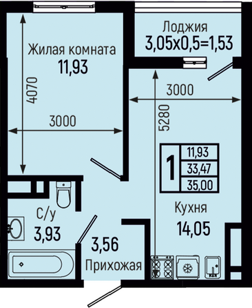 Планировка 1-комн 35 м²