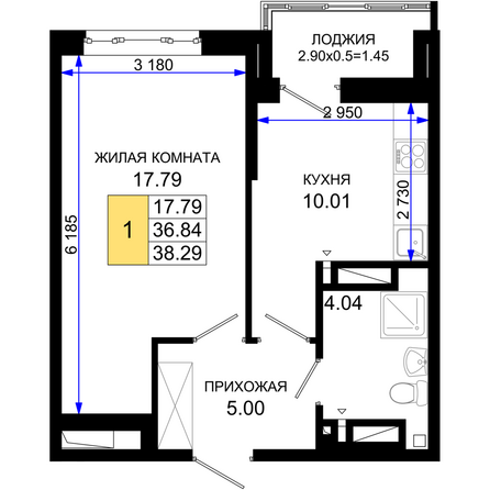 Планировка 1-комн 38,29 м²