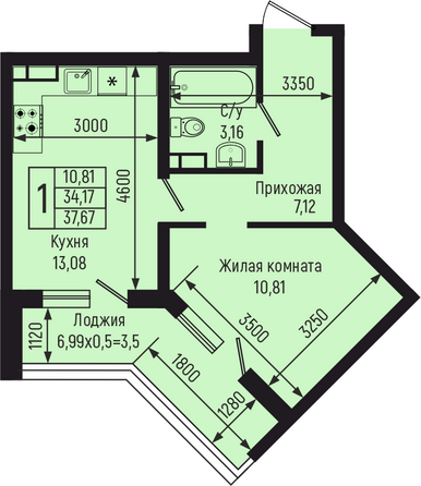 Планировка 1-комн 37,67 м²