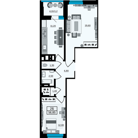 Планировка 2-комн 57,7 - 58 м²