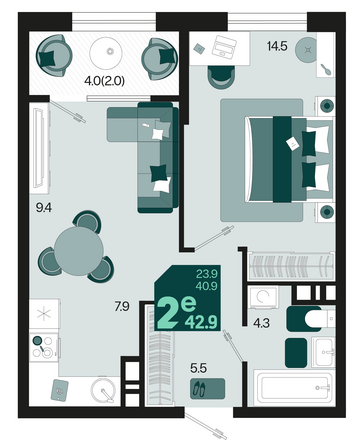 Планировка 2-комн 42,9 м²