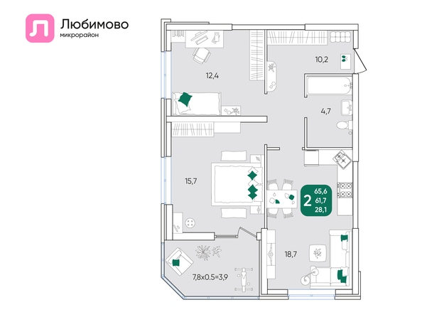 Планировка 2-комн 65,6, 65,7 м²