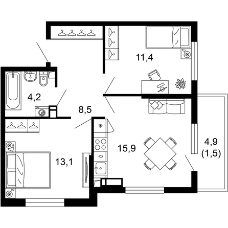 Планировка 2-комн 54,5, 54,6 м²