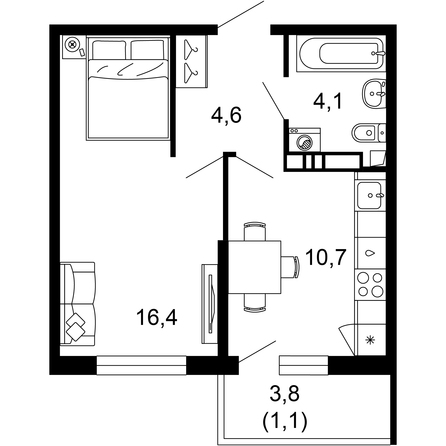 Планировка 1-комн 36,9 м²