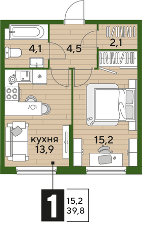 Планировка 1-комн 39,8 м²