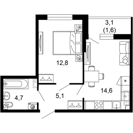 Планировка 1-комн 38,2 - 38,8 м²