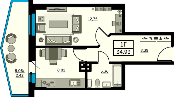 Планировка 1-комн 34,51 м²