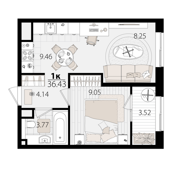 Планировка 1-комн 36,15 м²