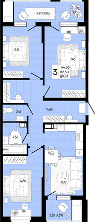 Планировка 3-комн 89,47 м²