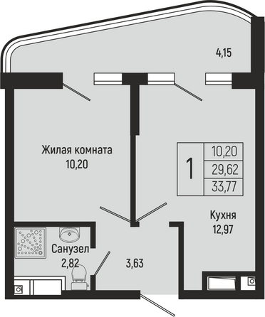 Планировка 1-комн 33,77 м²