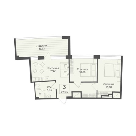 Планировка 3-комн 67,64 м²