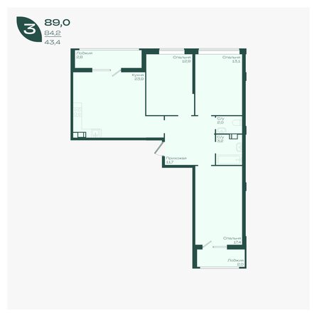 Планировка 3-комн 89, 89,3 м²