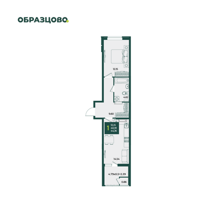 Планировка 1-комн 44,16 м²