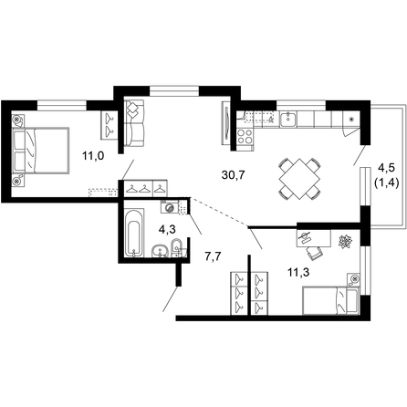 Планировка 2-комн 66,4 м²