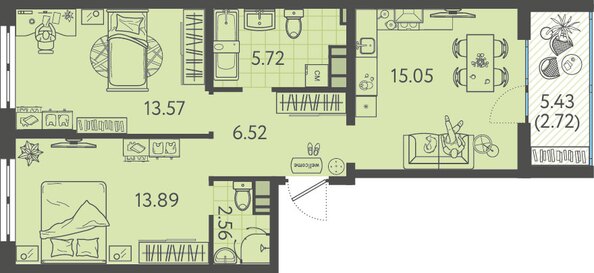 Планировка 2-комн 59,4 м²