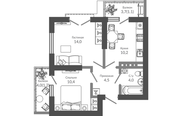 Планировка 2-комн 45,4 м²