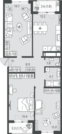 Планировка 3-комн 84,8 м²