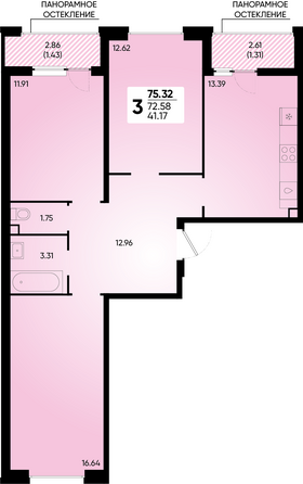 Планировка 3-комн 75,32 м²