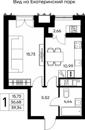 Планировка 1-комн 39,34 м²