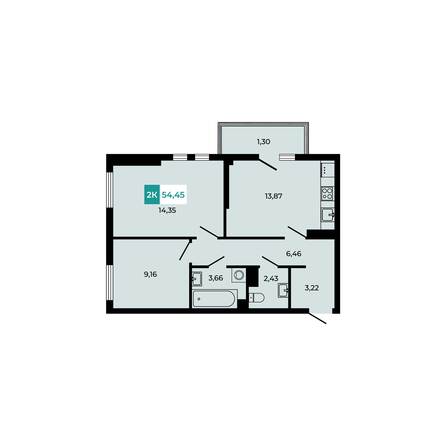 Планировка 2-комн 54,45 м²